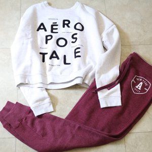 Aeropostale NY Crew Neck Fleece Cropped Sweatshirt - Ivory/Black, Size S